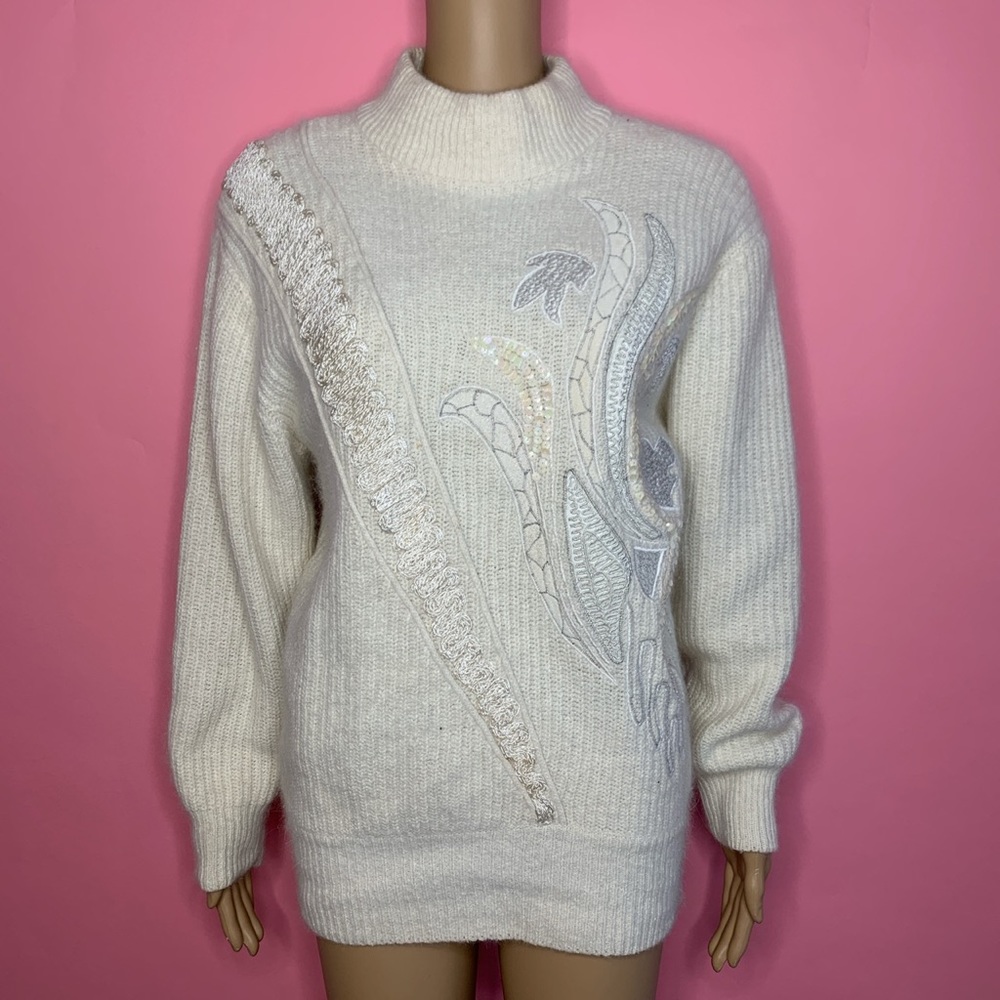 1990s Vintage Cream Abstract Oversized Sweater